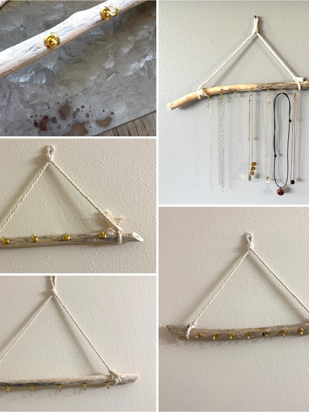 Natural Driftwood Wall Hook Rack with Gold Hooks - Beige